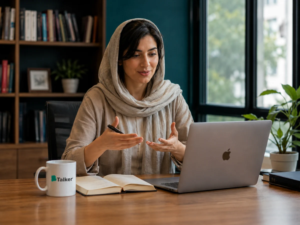 Online language teacher speaking with a learner from her BTalker workspace